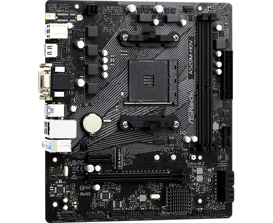  MB sAM4 ASRock A520M-HDV, AMD A520, 2xDDR4-3200, D-SUB+DVI-D+HDMI, 1xPCI-Ex16, 1xPCI-Ex1, 4xSATA3(RAID 0/1/10), 1xM.2, 8 Ch Audio, GLan, (2+4)xUSB2.0, (4+2)xUSB3.2, 1xPS/2, mATX, RTL 