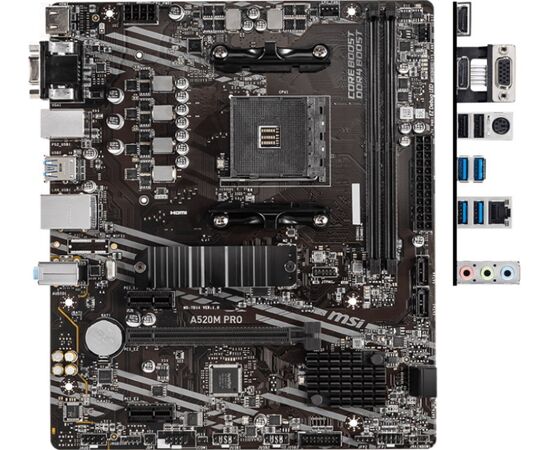  Материнская плата MSI A520M PRO, AMD A520, 2xDDR4-4600, HDMI/DP/VGA, 1xPCI-Ex16, 2xPCI-Ex1, 4xSATA3, 1xM.2, Glan, 6xUSB2.0, 6xUSB3.2, 1xPS/2 