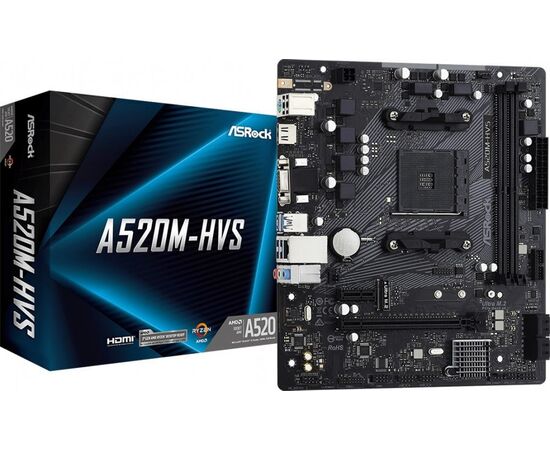  MB sAM4 Asrock A520M-HVS, mATX, AMD A520, 2xDDR4, 1xPCI-E3.0x16/2xPCI-E2.0x1, 4xSATA3/1xM.2, RTL8118AS GLAN, ALC887, 4xUSB3.1/2xUSB2.0, HDMI/DVI-D 