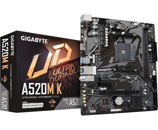  MB sAM4 Gigabyte A520M K V2, Socket AM4, AMD A520, 2xDDR4-3200, D-SUB+HDMI, 1xPCI-Ex16, 1xPCI-Ex1, 4xSATA3(RAID 0/1/10), 1xM.2, 8 Ch Audio, GLan, (2+4)xUSB2.0, (4+2)xU 
