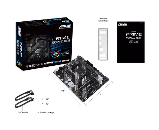  MB sAM4 ASUS PRIME B550M-K ARGB, AMD B550, 2xDDR4-3200 МГц, 1xPCI-Ex16, 2xM.2, Micro-ATX 