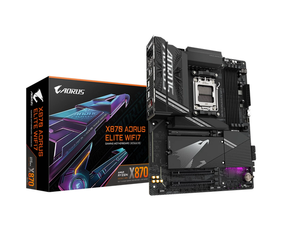  MB sAM5 Gigabyte X870 Aorus Elite Wifi7, AMD X870, 4xDDR5-5200 МГц, 3xPCI-Ex16, 4xM.2, Standard-ATX 